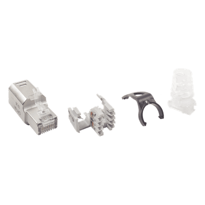 Plug RJ45 Cat6A Blindado, Terminación en Campo, Compatible con Todas las Categorías, con Clip Protector de Seguro