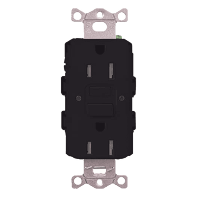 Tomacorriente GFCI autocomprobante de 15 A y 125 V, resistente a manipulaciones, con indicadores LED de estado y falla, color negro