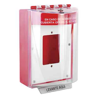 Cubierta Universal De Policarbonato Con Espaciador y Placa De Montaje Interna, Texto De Incendio En Español, Interior/Exterior, Serie Universal Stopper®
