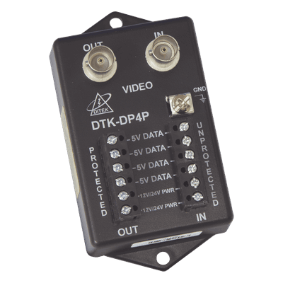 Protector para alimentación, datos y video para cámara PTZ de 12 Vcc-24 Vca, conector BNC y terminal