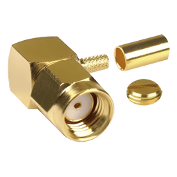Conector Coaxial SMA Macho Inverso / Ángulo Recto / Anillo Plegable / Compatibilidad RG-174/U y Belden 8216 / Cuerpo Bronce con Recubrimiento de Oro / Aislante Teflón
