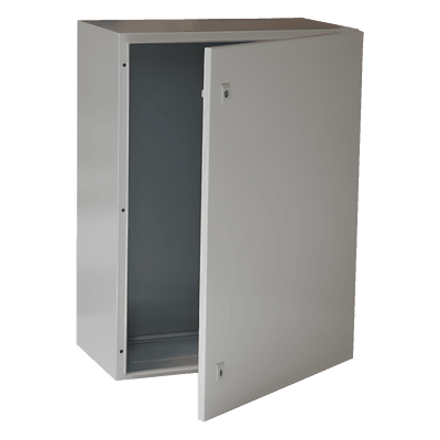 Gabinete de Acero IP66 Uso en Intemperie (400 x 600 x 250 mm) con Placa Trasera Interior Metálica y Compuerta Inferior Atornillable (Incluye Chapa y Llave T).