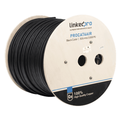 Bobina de Cable FTP con Mensajero de Acero de 305 Metros (1000 Pies) Cat6+ Calibre 23, Color Negro, para Aplicaciones en Video Vigilancia y Redes de Datos / Uso en Intemperie y Aplicaciones Aéreas