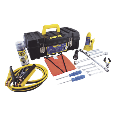 Juego de Herramientas Automotriz / 14 Piezas / Gato 2 Toneladas / Cables Pasacorriente 2.5 m (8.2 ft) / Llaves 8-15 mm / Poncholina 12 oz