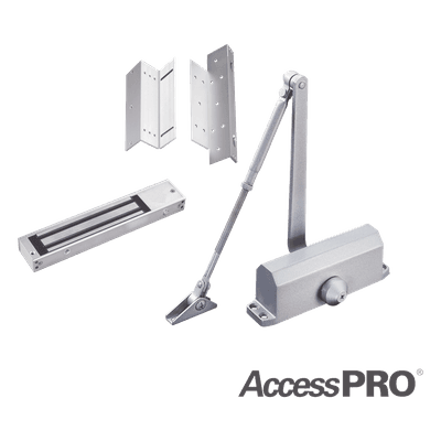 Kit para control de acceso incluye Chapa magnética de 600Lbs / Montajes L y Z / Cierra puerta para 45-65Kg.