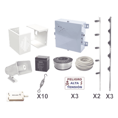 Kit de Cerco Eléctrico Perimetral / 25 m (82 ft) / 12,000V / Consumo 1.2 kW/mes / Tecnología SMT / Respaldo con Batería