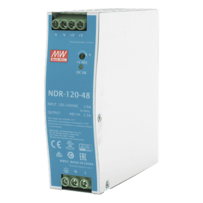 Fuente de poder industrial de 120 W, salida 48 Vcc, entrada 90~264 VCA, para montaje en riel DIN, 