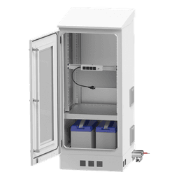 Gabinete de Piso Exterior / Rack 19" 16 U / Ventiladores con Termostato / IP-54 / Espacio para 2 Baterías / 110 VCA / 600 x 1429 x 5 mm