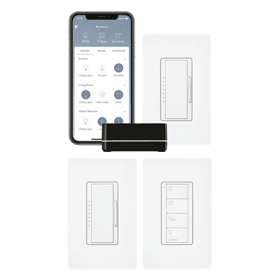 Kit de inicio RA2 Select con repetidor principal, 2 atenuadores de pared, control Pico con adaptador de pared y 3 placas de pared, para control inteligente de iluminación