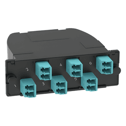 Casete de Fibra Óptica / OM4 / 12 Fibras / MPO Macho a 6 LC Duplex / Polaridad Método A / 0.75 dB Pérdida de Inserción / 3.5" x 4.2" x 1.4" (89 x 107 x 36 mm)