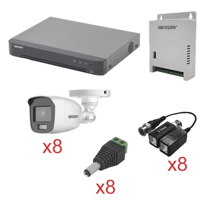 Kit TurboHD con Audio / DVR 8 Canales / 8 Cámaras Bala Exterior / 1080p / Luz Blanca 20 m (65.6 ft) / Audio Coaxitron / Fuente Seleccionable