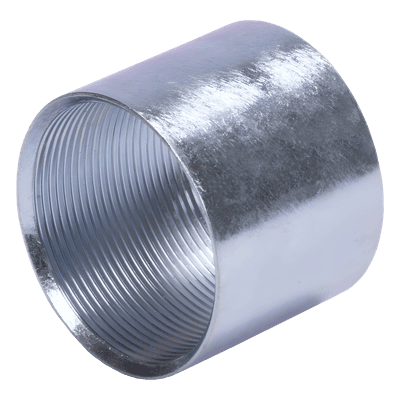 Cople 1 1/2" (38mm) pared gruesa con rosca galvanizado etiqueta amarilla