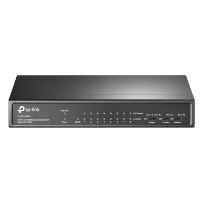 Switch PoE+ No Administrable / 9 Puertos 10/100 Mbps / 8 Puertos PoE 802.3af/at / 65W / Alcance 250 m (820 ft) / Sin Ventilador