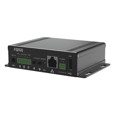 Gateway para Voceo IP/SIP,  Entrada de audio (3.5mm), salida de amplificador integrado de hasta 30W, puerto USB (reproducción de MP3),