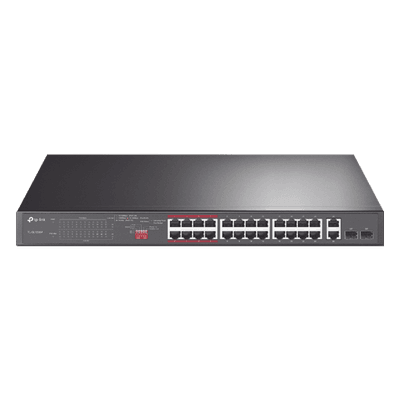 Switch PoE+ / 24 Puertos 10/100 Mbps / 2 Puertos Gigabit Combo / 2 Puertos SFP / Alcance PoE 250 m (820.2 ft) / Presupuesto PoE 250 W