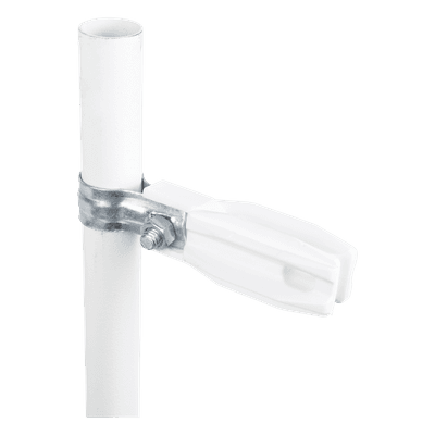 Aislador de Paso o Esquina Blanco con Abrazadera / 1 Pulgada (25 mm) / Resina Virgen 100% / Anti-Arqueo / Acero Galvanizado / Poste Cerco Eléctrico