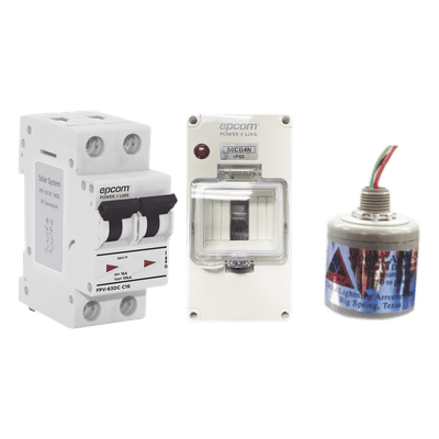 Kit de Centro de Carga Para Corriente Directa, Breaker de hasta  800 Vcc de 20 A con Supresor de Descargas Atmosféricas.