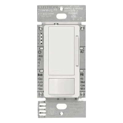 Atenuador 0-10 V con sensor de presencia Maestro para balastros electrónicos y drivers LED, 120-277 V, 8 A, tecnología XCT, unipolar o 3 vías, color blanco