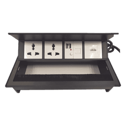 Caja Horizontal Tipo Hub para Escritorio Color Negro, con 1 Puerto HDMI Hembra-Hembra, 1 Puerto RJ45 Cat6, 2 Puertos USB (Solo Carga), y 2 Contactos Eléctricos Universales