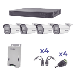 Kit de Videovigilancia TurboHD / 4 Canales / 4 Cámaras Bala 1080p / ColorVu 24/7 / Lente 2.8mm / 98° / Fuente Regulada / Transceptores UTP