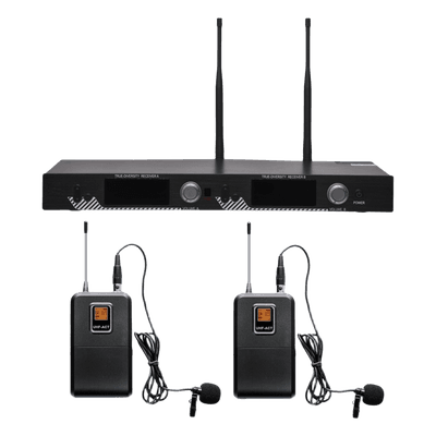 Kit de Microfonía inalámbrico | 2 Micrófonos de Lavalier | Receptor UHF | Pantalla LCD | 200 Canales | Gran cobertura