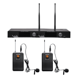 Kit de Microfonía inalámbrico | 2 Micrófonos de Lavalier | Receptor UHF | Pantalla LCD | 200 Canales | Gran cobertura