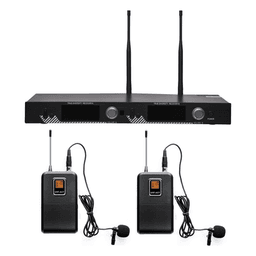 Kit de Microfonía inalámbrico | 2 Micrófonos de Lavalier | Receptor UHF | Pantalla LCD | 200 Canales | Gran cobertura