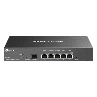 Router Omada VPN / SDN Multi-WAN Gigabit / 1 Puerto WAN SFP Gigabit / 1 Puerto WAN RJ45 Gigabit / 2 Puertos LAN RJ45 Gigabit / 2 Puertos Configurables LAN/WAN / 150,000 Sesiones Concurrentes / Administración Centralizada Omada o Stand-Alone