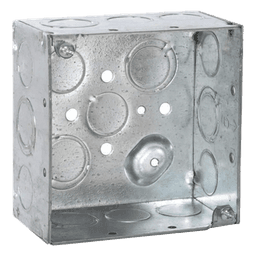 Caja Cuadrada Galvanizada / 4 x 4 in / Profundidad 2.125 in / Capacidad 30.3 in³ / 12 Knockouts / Resistente al Fuego