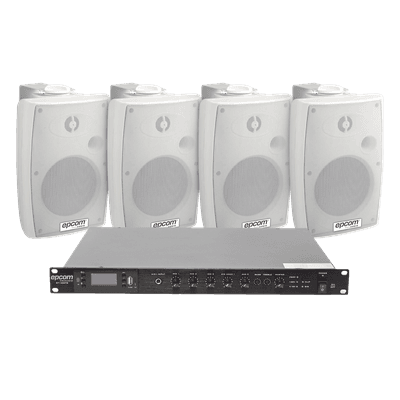 Kit Amplificador de Audio para Rack / 120W RMS / 4 Altavoces de Pared IP54 / Sistema 70/100V / 4 Entradas Micrófono / Bluetooth MP3 Tuner USB