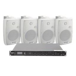 Kit Amplificador de Audio para Rack / 120W RMS / 4 Altavoces de Pared IP54 / Sistema 70/100V / 4 Entradas Micrófono / Bluetooth MP3 Tuner USB