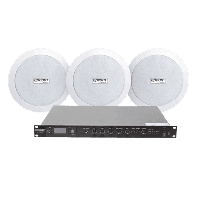 Kit de Amplificador de 120W RMS para Rack / Salida 100V/4Ω / 3 Altavoces de Plafón Coaxiales 5.5" / Sistema 70/100V / Bluetooth, MP3, USB, FM / 4 Entradas de Micrófono / Resistente a Humedad