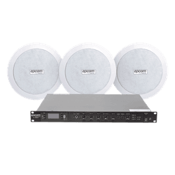 Kit de Amplificador de 120W RMS para Rack / Salida 100V/4Ω / 3 Altavoces de Plafón Coaxiales 5.5" / Sistema 70/100V / Bluetooth, MP3, USB, FM / 4 Entradas de Micrófono / Resistente a Humedad