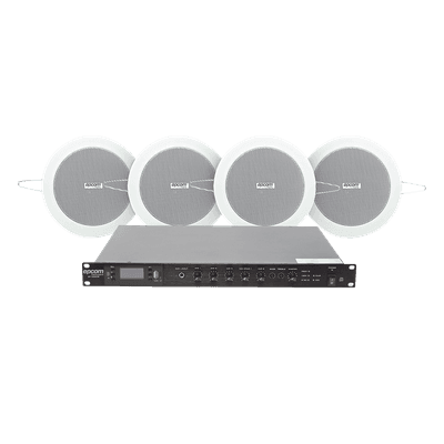 Kit de Sonido Ambiental / Amplificador 120W RMS / 4 Altavoces de 4in / Sistema 70/100V / Bluetooth y MP3 / Falso Techo