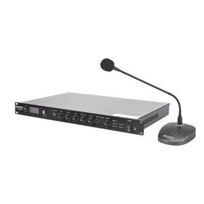 Kit Amplificador de Voceo / 120W RMS / Salida 100V/4Ω / Bluetooth / USB / MP3 / FM / 4 Entradas de Micrófono / Micrófono de Escritorio