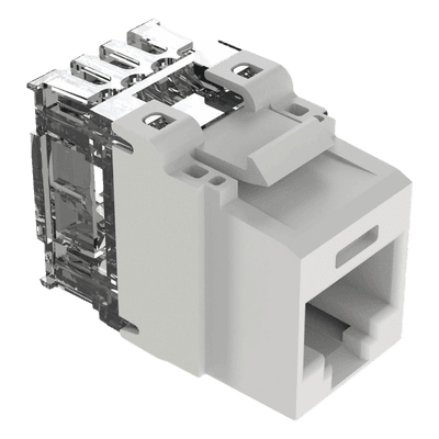 Conector Jack Estilo 110 (de Impacto), Tipo Keystone, Categoría 6A, de 8 Posiciones y 8 Cables, Color Blanco