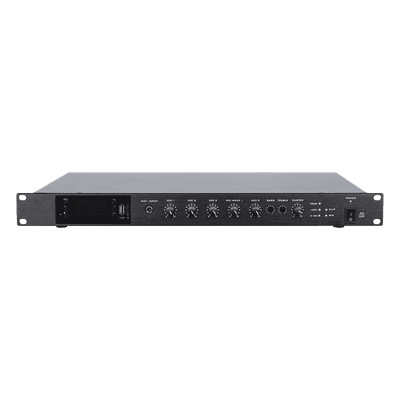 Amplificador de Audio / 1 Canal / 350 W RMS / Sistema 100V y Baja Impedancia 4-16Ω / 4 Entradas Micrófono Balanceadas / Bluetooth / USB / SD / FM / Montaje Rack