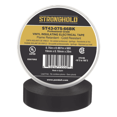 Cinta Eléctrica STRONGHOLD para Aislar, de PVC, Uso Profesional en Construcción Eléctrica, Grosor 0.18mm (7 mil), Ancho 19mm, y 20m Largo, Color Negro.