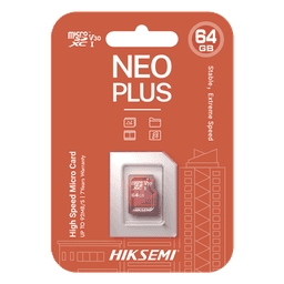 MicroSD HIKSEMI NEO Plus / 64 GB / 95 MB/s Lectura / 40 MB/s Escritura / Clase 10 U3 / TLC NAND / Especializada Para Videovigilancia 24/7