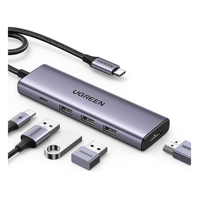 HUB USB-C (Docking Station) 5 en 1 | HDMI 2.0 4K@30Hz | 3 USB-A 3.0 (5Gbps) | USB-C PD Carga 100W | Potente Disipación de Calor | Chip de Ultima Generación | Cable de Nylon Trenzado de 25 cm | Carcasa de Aluminio.