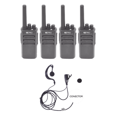 Kit de Radios UHF / 400-470 MHz / 5W / 16 Canales / 4 Unidades con Manos Libres