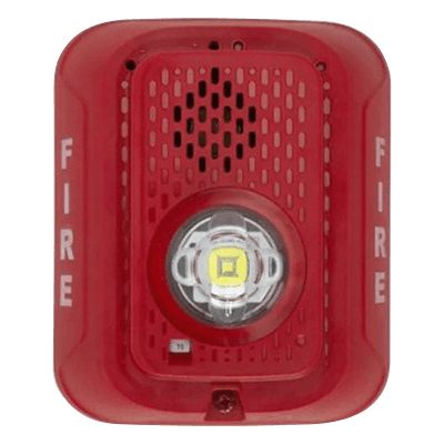 Sirena con estrobo LED de 2 hilos para pared, 24 Vcd, candela seleccionable hasta 185 cd, puntos de prueba DVM, color rojo