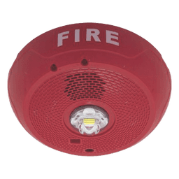 Sirena con estrobo LED de 2 hilos para techo, 24 Vcd, candela seleccionable hasta 177 cd, puntos de prueba DVM, color rojo