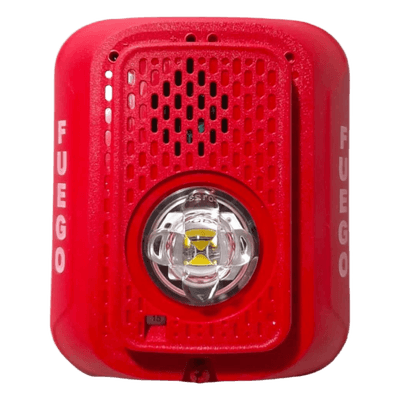 Sirena con Estroboscopio LED / 2 Hilos / Montaje en Pared / Candela Seleccionable 15-185 cd / Marcaje FUEGO / Compatible SpectrAlert