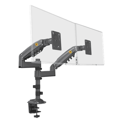 Brazo de Escritorio para 2 Monitores / 17 a 27 Pulgadas / Carga 9 kg por Monitor / VESA 75x75 y 100x100 / Rotación 360° / Amortiguador de Gas / Acero