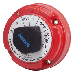 Switch Selector de Batería Marina / 250A Continuos / 360A Intermitentes / 6-32 VCC / 4 Posiciones 1-2-Both-Off / Desconexión de Alternador Integrada / Encendido Protegido