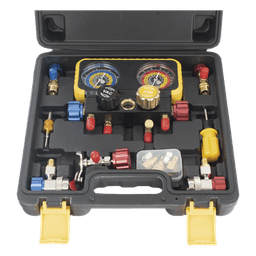 Manómetro de 4 Vías / Compatible con R410A, R32, R134A, R22 / 4 Mangueras 1.5 m / Cuerpo Cobre y ABS / Estuche Incluido