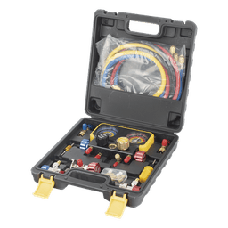 Manómetro de 4 Vías / Compatible con R410A, R32, R134A, R22 / 4 Mangueras 1.5 m / Cuerpo Cobre y ABS / Estuche Incluido