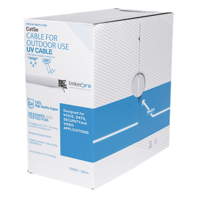 Bobina de cable de 305 m, Cat5e, para intemperie, sin blindar, color blanco, UL, para aplicaciones en CCTV, redes de datos, Requiere tubería para su correcta instalación en ambientes exteriores.