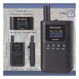 Sistema de Guía Turístico / 2.4 GHz / 999 Canales / Alcance 150 m (492.1 ft) / 1 Transmisor y 10 Receptores / USB-C / Batería 3000 mAh